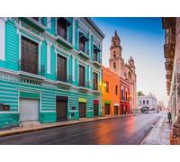 CORFOTO 3.5x3m Toile de Fond représentant Une Rue Coloniale de Campeche, avec Un Motif coloré d'architecture Mexicaine et de cathédrale, sur Le thème du Yucatan Accessoire pour photomaton