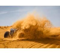 CORFOTO 3.6x2.5m Tissu Quad Tout-Terrain projetant des gerbes de Sable doré du désert Ciel Bleu pâle Clair décor Course Saharienne arrière-Plan Photographique pour Portrait d'action en extérieur