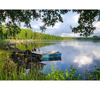 CORFOTO 3x2.5m Toile de Fond de Paysage de lac Naturel suédois Bateau au Bord du lac d'été Forêt Verte Toile de Fond Paysage de rivière de Ciel Bleu Toile de Fond Portrait de Mariage Séance Photo
