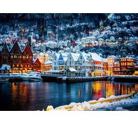 CORFOTO 3x2.5m Toile de Fond de Paysage Urbain d'hiver de Norvège,Vue Nocturne de Bruges,arrière-Plan de Photo de Maisons colorées,Paysage de Neige,décorations de fête de Voyage d'hiver en Europe