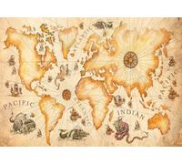 CORFOTO 3x2m Tissu Carte du Monde Nautique Vintage Vieux navires Compas créatures Marines mythiques décor Aventure Antique arrière-Plan Photographique pour Voyage Photo Booth