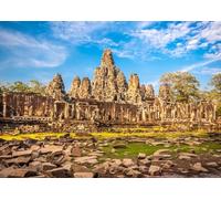 CORFOTO 3x2m Toile de Fond de l'ancien Temple de Bayon Angkor Wat Cambodge Ciel Bleu Nuages Lieux touristiques célèbres Thème de Voyage Château Toile de Fond Portrait Studio Prop