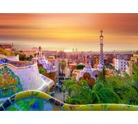 CORFOTO 3x2m Toile de Fond du Paysage Urbain d'Espagne,Paysage Urbain de Barcelone,Parc Guell,Photographie d'horizon,Vue sur la Ville au Coucher du Soleil,arrière-Plan Photo,photomaton de fête