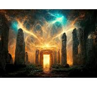 CORFOTO 4.5x3m Thème Halloween Scène Fantastique Toile de Fond Mystérieux Piliers de Pierre Fantastique Ciel Rayon La Porte du Paradis et de l'enfer Fête d'halloween Photographie Fond Photomaton