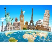 CORFOTO 4.6x2.5m Tissu Collage Monuments du Monde Globe océan Ciel Bleu décor Voyage Autour du Monde arrière-Plan Photographique pour Vacances Photo Booth
