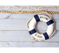CORFOTO 5.2x3m Tissu Bouée de Sauvetage Nautique Welcome on Board Planche de Bois Blanc décor Maritime Rustique arrière-Plan Photographique pour Flat Lay Photo Booth