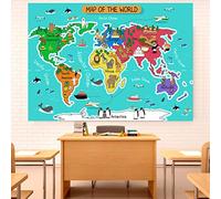 CORFOTO 5x3ft Toile de Fond de Carte du Monde de Dessin animé, Continents, Animaux, Points de repère, arrière-Plan éducatif pour Enfants, Accessoires de séance Photo pour Portrait d'enfants