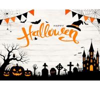 CORFOTO 5x4FT (1.5x1.2m) Scène Château Happy Halloween Fond Photographique | Mur Bois Blanc Rustique Toile De Fond,Lettres Orange Citrouilles Tombes,Décor De Fête Halloween,Personnalisable,Photo Booth