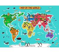 CORFOTO 6x4ft Toile de Fond de Carte du Monde de Dessin animé, Continents, Animaux, Points de repère, arrière-Plan éducatif pour Enfants, Accessoires de séance Photo pour Portrait d'enfants