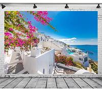 CORFOTO 6x4ft Toile de Fond en Tissu Bleu mer Santorin Island Grèce Architecture Blanche Oia Resort de Luxe Photographie Fond pour décorations de fête Mamma Mia Fête d'anniversaire Grecque