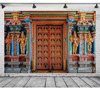 CORFOTO 7x5ft Tissu coloré Inde Tanjore Temple Porte Toile de Fond Inde Ancienne Religion Bâtiment Photo Fond pour décorations d'anniversaire Indiennes Adulte Photo Prop Indien Thème Fête Décor
