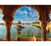 CORFOTO 7x5ft Toile de Fond de Temple Indien, Vieux Temple Indien, pour la Photographie, Arches du Temple de Jaisalmer, Paysage de lac, Toile de Fond, Monument Indien, photomaton Religieux