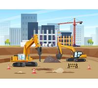 CORFOTO 7x5ft Toile de Fond sur Le thème de la Construction en Tissu pour Photographie, pelles, équipement, Chantier de Construction, décoration de bannière de fête d'anniversaire pour garçon