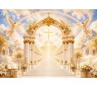 CORFOTO 9x6FT (2.7x1.8m) Porte Céleste Arc en Ciel Fond Photographique | Arche Angélique Arrière Plan En Tissu,Portail Doré Arc En Ciel Et Cascades,Fêtes Religieuses,Personnalisable,Photomaton