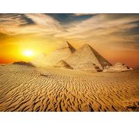 CORFOTO Fond en Tissu 1.5x1.2m Pyramides Égyptiennes de Gizeh Coucher de Soleil Désertique avec Dunes de Sable Doré, Anciens Monuments de Pierre et Ciel Orange Chaud pour Accessoires