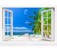 CORFOTO Fond en Tissu 1.8x1.2m Arrière-Plan Vue de Plage Tropicale à Travers Une Fenêtre Blanche Ouverte avec Palmiers, Pont en Bois et Mer Turquoise pour Photographie de Vacances d’Été
