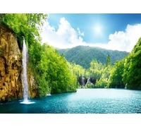 CORFOTO Fond en Tissu 6x3m Lac à Cascade Luxuriante dans la Forêt avec Eau Bleue Claire, Arbres Verts et Lumière Solaire Brillante pour Photographie de Nature, Voyage et Plein Air