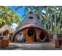 CORFOTO Tissu 1.5x1.2m Fond Cabane en Bambou Tropicale Bungalow en Forme de Pyramide Palmiers Arrière-Plan Photographique pour Fête Mariage Plage d'Été Accessoires Photo