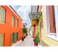 CORFOTO Tissu 1.5x1m Fond Rue Plaka d'Athènes Ruelle Colorée de Quartier Grec Arrière-Plan Photographique pour Fête Mariage Voyage Été Accessoires Photo