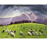 CORFOTO Tissu 3x2m Double Arc-en-Ciel Montagne Fond Troupeau de Moutons sous Arc-en-Ciel Vibrant sur Collines Vertes Arrière-Plan Photographique pour Fête à Thème Nature Accessoires Photo