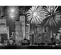 CORFOTO Tissu 4.5x2.5m Feux d'artifice New York City Fond Skyline Manhattan Noir et Blanc avec Feux d'artifice Éclatants Arrière-Plan Photographique pour Fête Célébration Nouvel an Accessoires