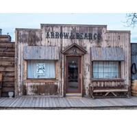 CORFOTO Tissu 4.5x3m Magasin Général Western Vintage Fond Façade en Bois Arrow & Bear Co avec Banc Arrière-Plan Photographique pour Fête à Thème Far West Accessoires Photo