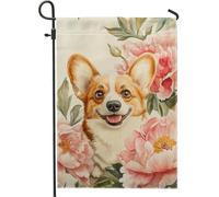 Corgi Drapeau de jardin avec pivoines, décoration florale colorée, drapeau de cour extérieur pour printemps, toile de jute double face pour décoration de pelouse, amoureux des chiens, décoration