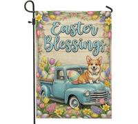 Corgi Drapeau de jardin, camion festif de printemps, œufs de Pâques, bleu pastel, toile de jute double face, drapeaux décoratifs pour extérieur, pelouse, porche, terrasse, entrée, 30,5 x 45,7 cm