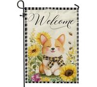 Corgi Drapeau de jardin de bienvenue, tournesol jaune, décoration extérieure, bannière double face en toile de jute pour décoration de la maison printemps/été, 30,5 x 45,7 cm