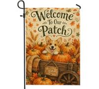 Corgi Drapeau de jardin rustique fantaisiste en toile de jute orange d'automne double face pour extérieur, terrasse, pelouse, porche, entrée, camping 30,5 x 45,7 cm