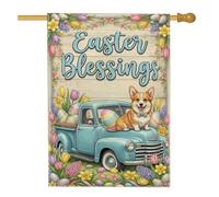 Corgi Drapeau de maison, camion festif de printemps, œufs de Pâques, bleu pastel, double face, en toile de jute décorative pour extérieur, terrasse, pelouse, entrée, camping, 71,1 x 101,6 cm