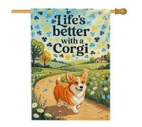 Corgi Drapeau de maison, chemin de fleurs ludiques printanières en toile de jute bleue double face pour extérieur, terrasse, pelouse, entrée, camping 71,1 x 101,6 cm