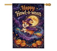 Corgi Drapeau de maison fantaisie, bâton de balai festif citrouilles Halloween orange double face en toile de jute pour extérieur, terrasse, pelouse, entrée, camping 71 x 101,6 cm