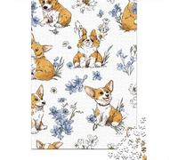 Corgi Fabric with Flowers Pattern Puzzle 1000 Pièces Cadeau Unique Jeu Éducatif Défi Jouet À De Qualité Supérieure Peinture Art pour Adultes Enfants 70x50cm/1000pcs