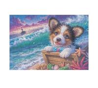 Corgi Faisant du Surf dans Les Vagues 300 Pièces Puzzle Adulte en Carton Rigide Haute Densité Difficile Moyenne Anti-Stress Jeu De Société Idée Cadeau Anniversaire Premium 300 PCS