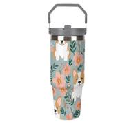 Corgi - Gobelet de 887 ml avec paille - Tasse de voyage isotherme en acier inoxydable avec poignée - Tasse à café à double paroi sous vide - Couvercle anti-fuite, garde les boissons chaudes/froides