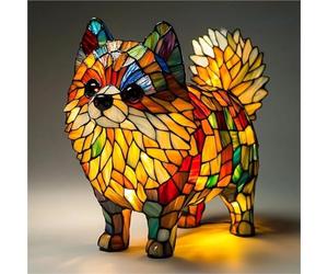 Corgi Lampe Teckel Bouledogue Français USB Veilleuse LED Vitrail pour Table de Chevet, Salon, Chambre à Coucher, Amoureux des Animaux, Décoration de Maison, Bureau (Poméranie, 19,8 cm)
