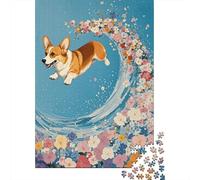 Corgi Océan Floral Vagues Puzzle 1000 Pièces, Puzzle en Bois, Adultes Et Enfants À Partir De 14 Ans, Jeu Educatif, Décoration, Cadeau Unique 1000pcs (75x50cm)