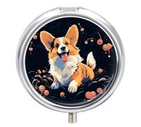 Corgi - Pilulier de voyage à 3 compartiments pour chien - 3 fois par jour - Joli mini pilulier pour sac à main et poche - Boîte à médicaments portable en métal avec miroir - Récipient rond pour