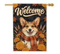 Corgi portant une écharpe automne bienvenue drapeau maison 71 x 101 cm | Écharpe tricotée confortable, drapeau de pelouse, accents floraux de souci, feuillage de récolte d'automne