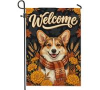 Corgi portant une écharpe d'automne bienvenue drapeau de jardin 30,5 x 45,7 | Écharpe tricotée confortable, drapeau de pelouse, accents floraux de souci, feuillage de récolte d'automne