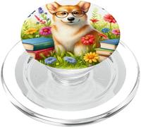 Corgi Reading Botany Books in Meadow. Lunettes Wildflowers PopSockets PopGrip pour MagSafe
