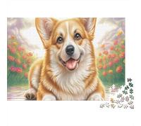 Corgi Souriant dans Le Champ de Fleurs Puzzles 1000pcs Picture Puzzle Pet for Teenagers Activité De Détente Jeu Éduchatif 52x38cm/1000pcs