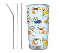 Corgi Theme - Tasse à café à emporter - En acier inoxydable - Avec couvercle et paille - Pour boissons chaudes et froides - Idée cadeau pour les amateurs de chiens - Bleu