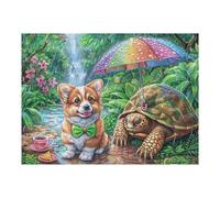 Corgi Tortue Parapluie Champ de Fleurs Animal de Compagnie Mignon Puzzle 500 Pièces pour Adultes Amusant Agréable Et Relaxant Parfait pour Loisirs Familiaux Et Hobby 500 PCS（52×38cm）