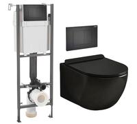 Coribi Pack Complet WC Sans Bride + Cuvette Suspendu Sans Bride + Plaque DESIGN - Toilette Design Moderne - Cuvette Céramique (Bâti initio sur mur porteur, Plaque noir mat soft touch)