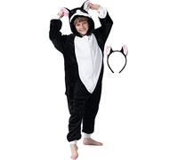 corimori Balou Le Chat Onesie drôle d'animal en Peluche Douce et veloutée Combinaison Amusante pour Enfant Costume de Carnaval Noir/Blanc Taille 130-150 cm