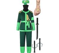 corimori Costume Ninja pour enfants (garçons et filles) avec accessoires (épée Katana, dagues, bandeau, masque, tatouages), Vert L (134-146)