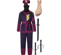 corimori Costume Ninja pour enfants (garçons et filles) avec accessoires (épée Katana, dagues, bandeau, masque, tatouages), Violet M (116-128)