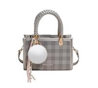 CORIOS Élégant Sac à Main Femme PU Cuir Sac Porté Epaule Sac Bandoulière avec Motif à Carreaux Sac Fourre-Tout avec Pendentif Boule de Poils Blanc Petit Shopping Voyage Travail Sac Hobo Cabas Argent